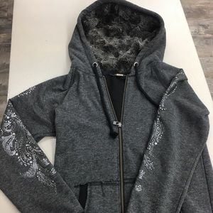 Missme bedazzled zip down faux fur hoodie